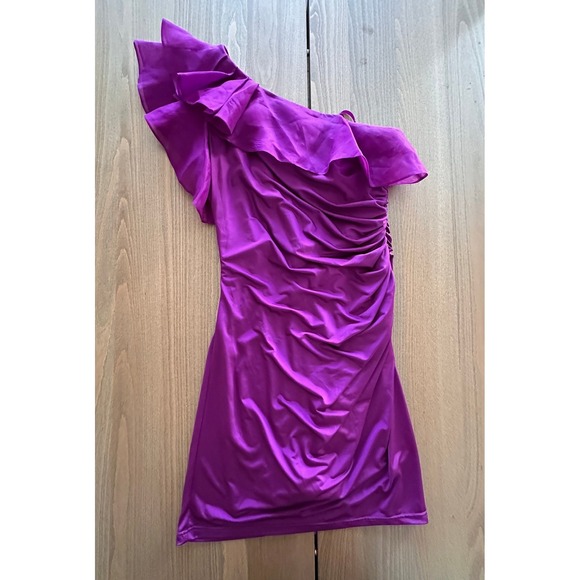 Adrianna Papell Dresses & Skirts - Adrianna Papell Purple One Shoulder Ruched Silk Ruffle Cocktail Mini Dress